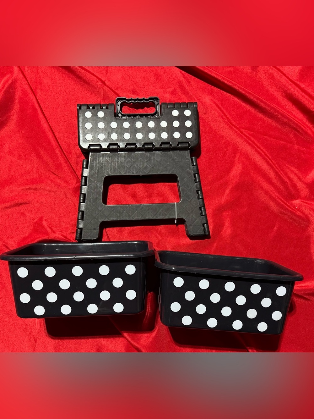 Unlisted Black and White Polka Dot Folding Step Stool with Matching Storage Bins
